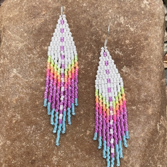 White with Sunset Colors Beaded Earrings with Fringe, New, Handmade by Me - Picture 4 of 6